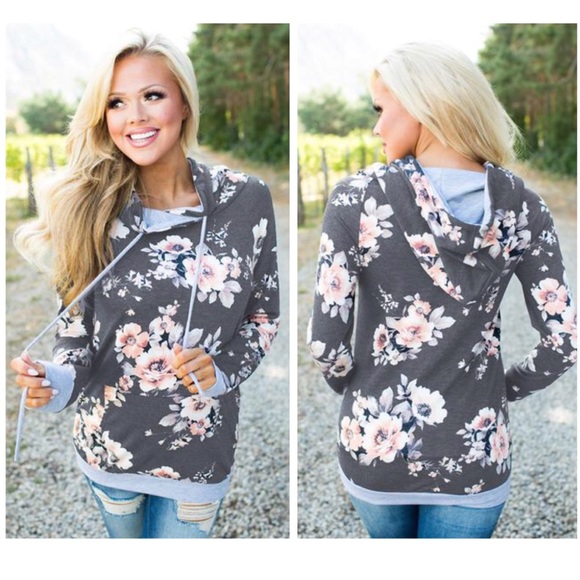 Tops - KANSAS FLORAL GREY HOODY LIGHT WEIGHT SHIRT TOP